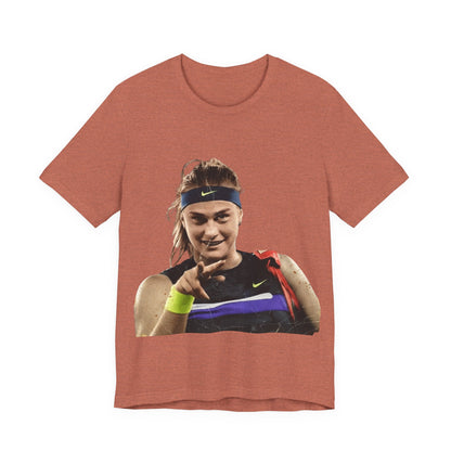 Tennis Player Sabalenka Graphic Tee — Pointing Victory Photo T‑Shirt