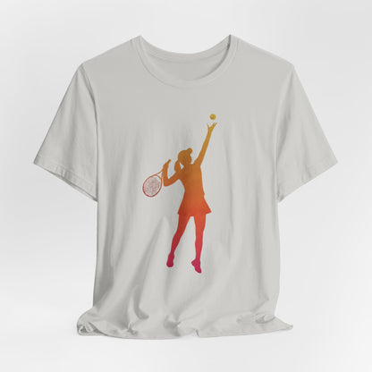 Tennis Serve Silhouette Tee — Gradient Female Tennis Player Graphic T‑Shirt