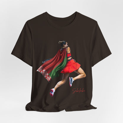 Runner Superhero Sabalenka T‑Shirt — Empowering Female Athlete Tee with Cape Graphic