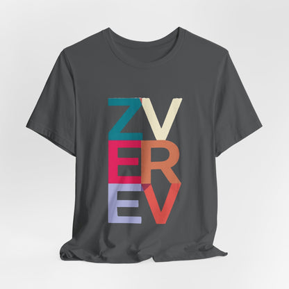 Retro Colorblock 'ZVEREV' Graphic Tee — Modern Minimalist Lettering Shirt