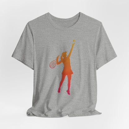Tennis Serve Silhouette Tee — Gradient Female Tennis Player Graphic T‑Shirt