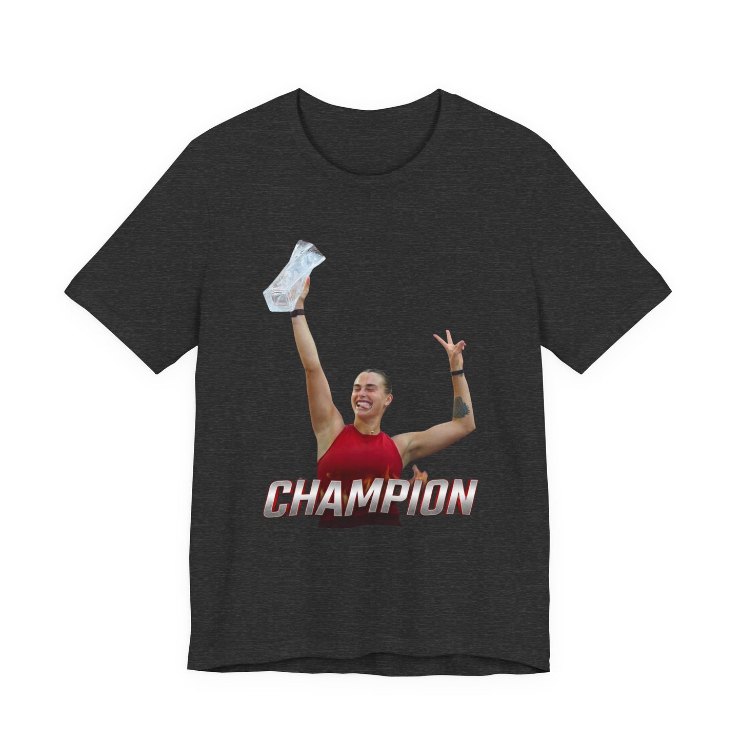 Aryna Sabalenka Champion Victory T-Shirt — Athlete Holding Trophy Tee