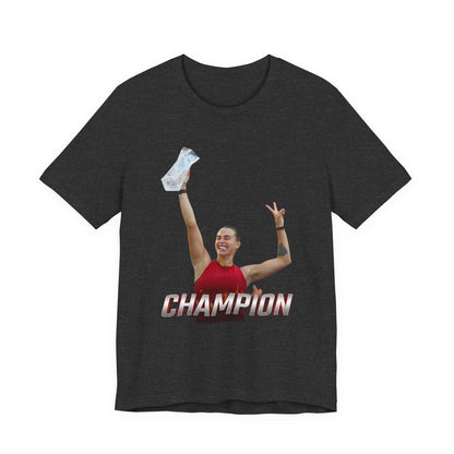 Aryna Sabalenka Champion Victory T-Shirt — Athlete Holding Trophy Tee