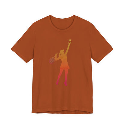 Tennis Serve Silhouette Tee — Gradient Female Tennis Player Graphic T‑Shirt