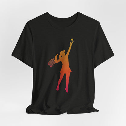 Tennis Serve Silhouette Tee — Gradient Female Tennis Player Graphic T‑Shirt