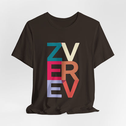 Retro Colorblock 'ZVEREV' Graphic Tee — Modern Minimalist Lettering Shirt