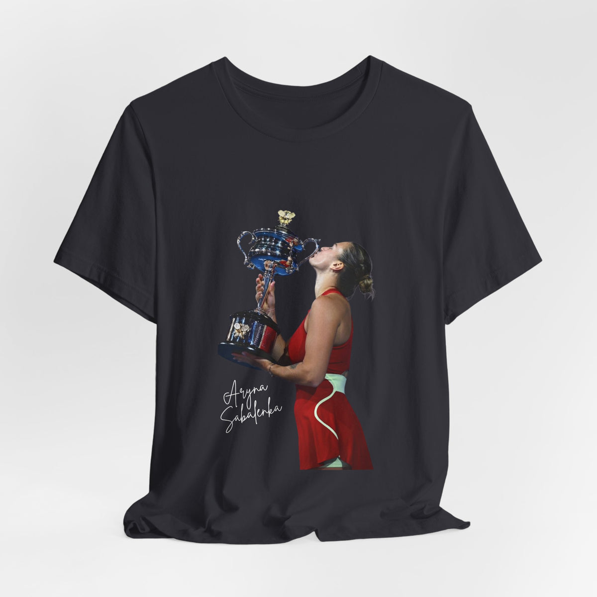 Tennis Champion Sabalenka — Woman Kissing Trophy Graphic T-Shirt