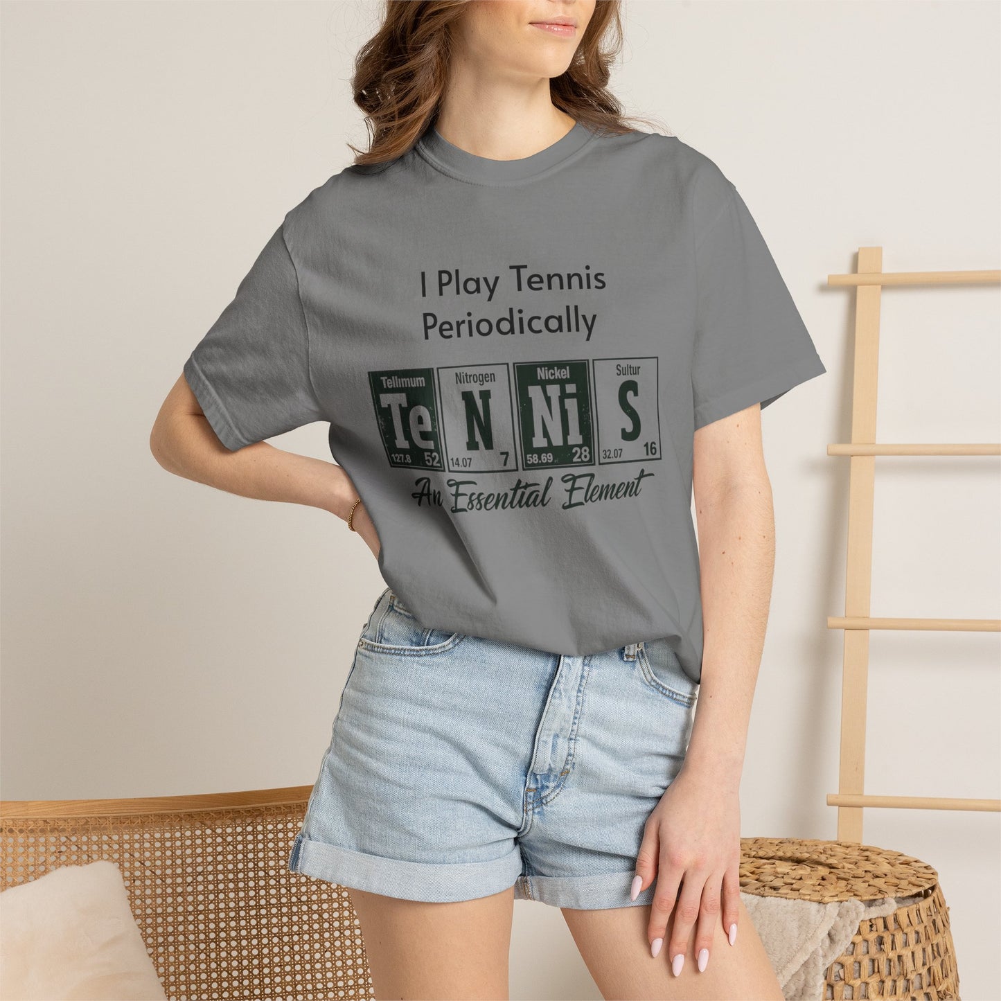 Tennis Periodically T‑Shirt — “An Essential Element” Chemistry Tennis Tee
