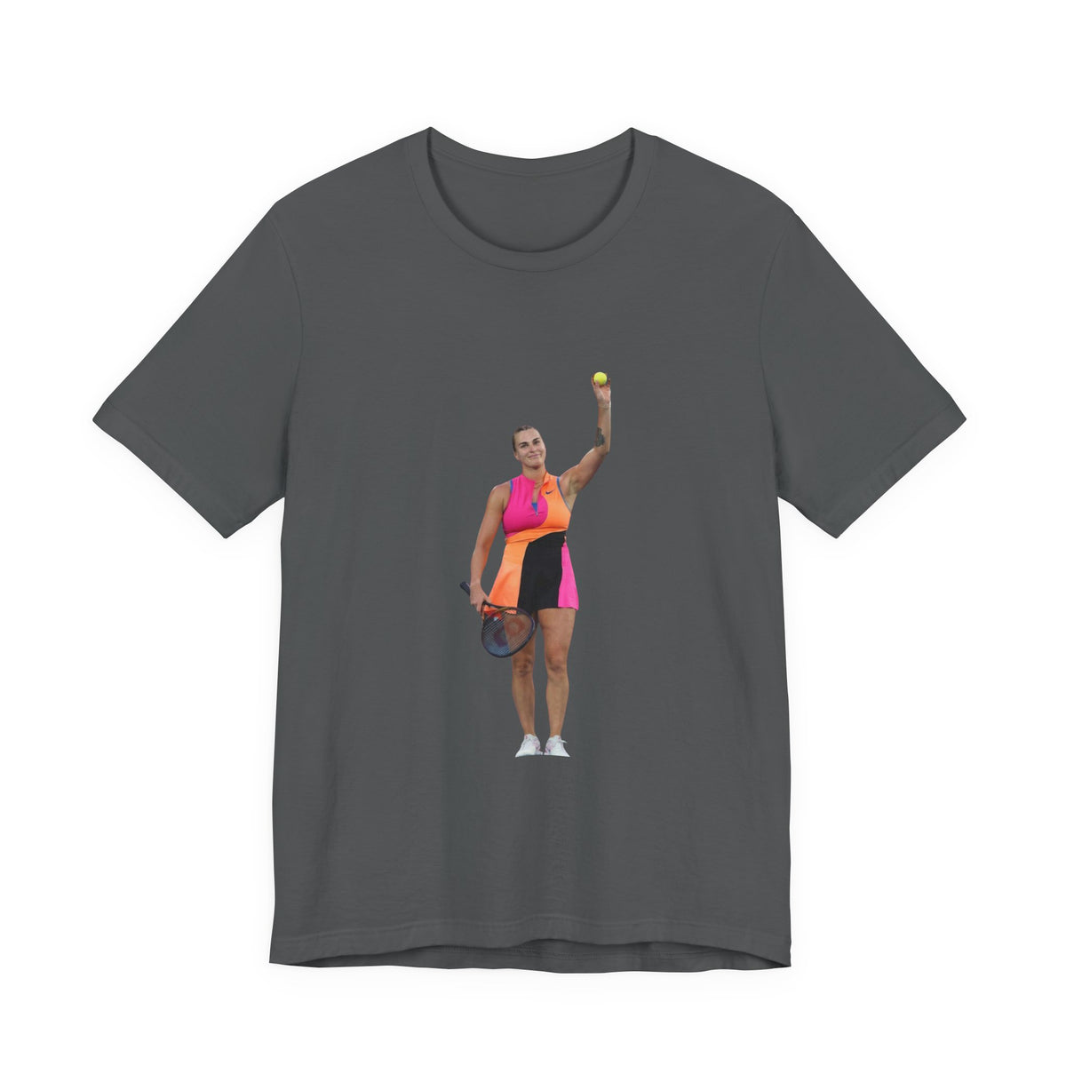 Tennis Player Aryna Sabalenka Graphic Tee — Woman Serving with Racket and ball