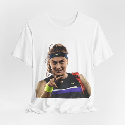 Tennis Player Sabalenka Graphic Tee — Pointing Victory Photo T‑Shirt