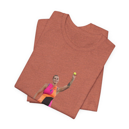 Tennis Player Aryna Sabalenka Graphic Tee — Woman Serving with Racket and ball