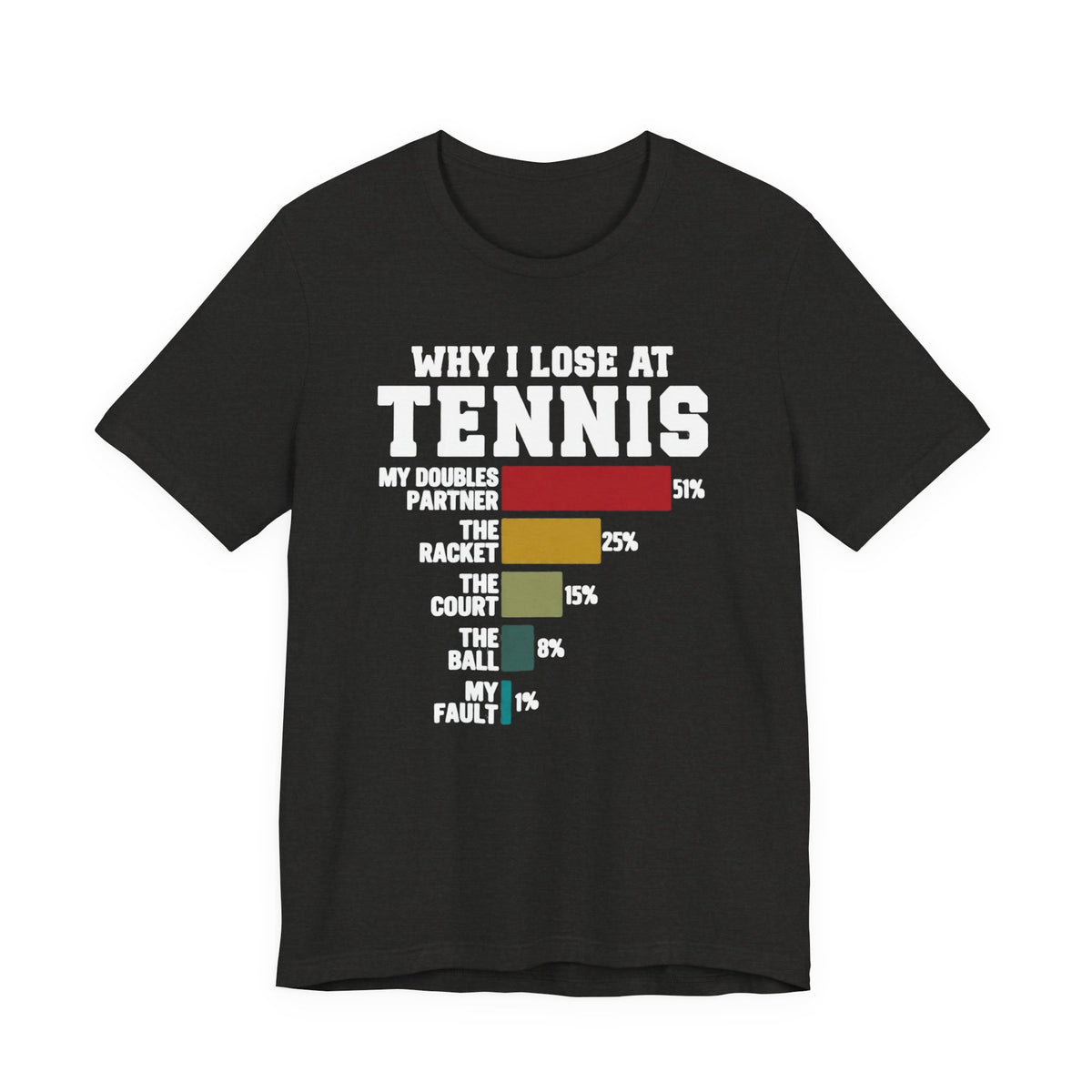 Tennis Humor T‑Shirt — "Why I Lose at Tennis" Bar Chart Tee