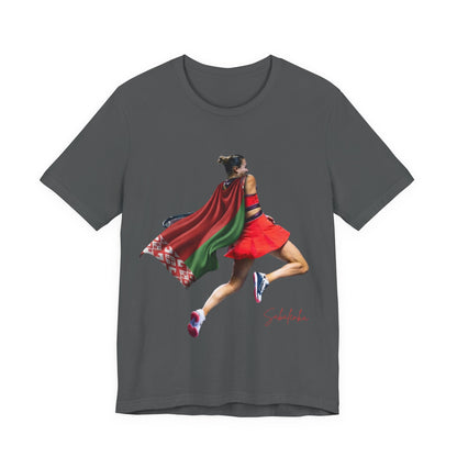 Runner Superhero Sabalenka T‑Shirt — Empowering Female Athlete Tee with Cape Graphic
