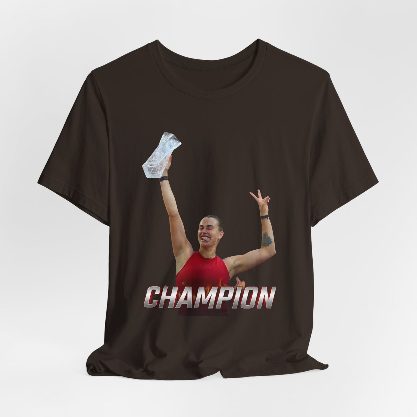 Aryna Sabalenka Champion Victory T-Shirt — Athlete Holding Trophy Tee
