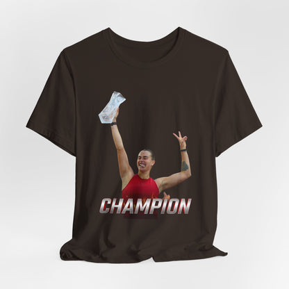 Aryna Sabalenka Champion Victory T-Shirt — Athlete Holding Trophy Tee