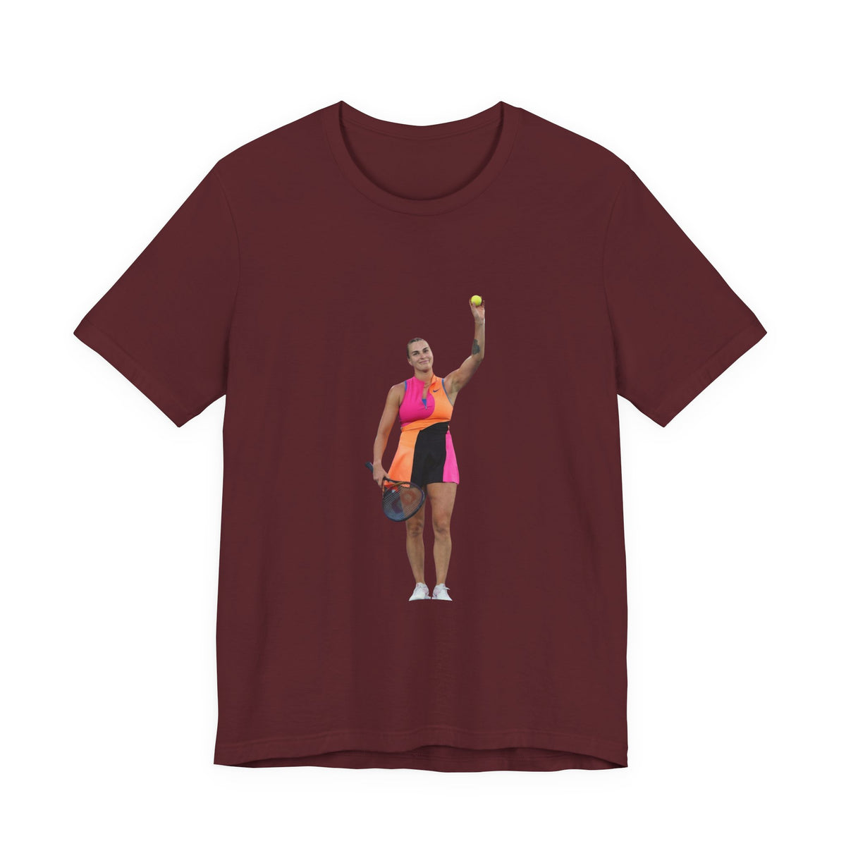 Tennis Player Aryna Sabalenka Graphic Tee — Woman Serving with Racket and ball