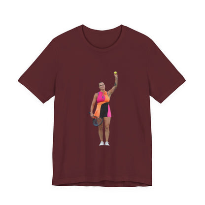 Tennis Player Aryna Sabalenka Graphic Tee — Woman Serving with Racket and ball