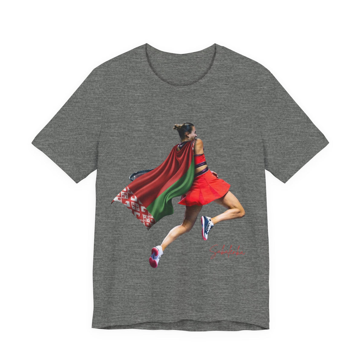 Runner Superhero Sabalenka T‑Shirt — Empowering Female Athlete Tee with Cape Graphic