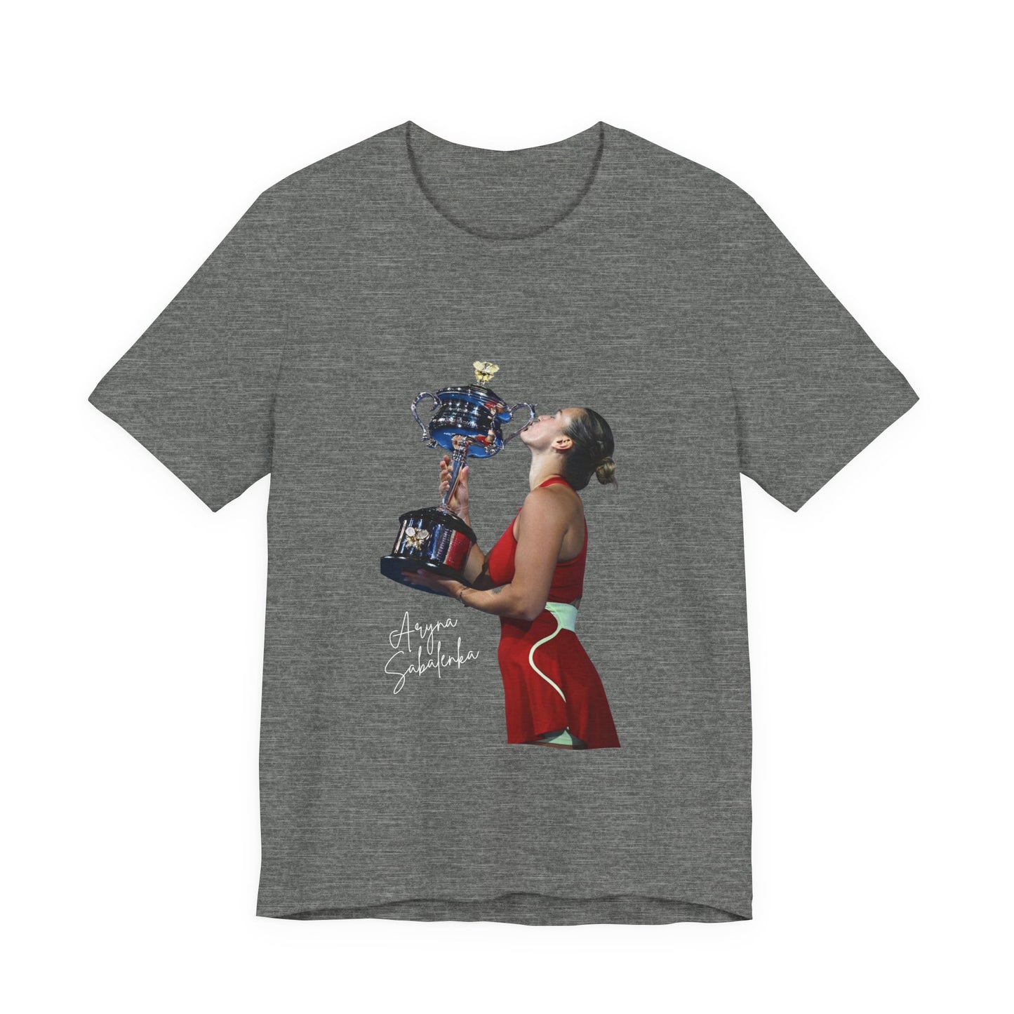Tennis Champion Sabalenka — Woman Kissing Trophy Graphic T-Shirt