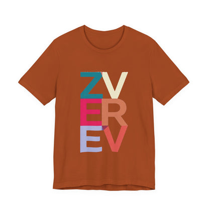 Retro Colorblock 'ZVEREV' Graphic Tee — Modern Minimalist Lettering Shirt