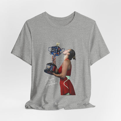 Tennis Champion Sabalenka — Woman Kissing Trophy Graphic T-Shirt