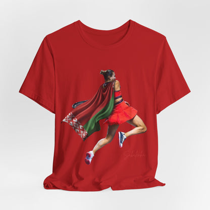 Runner Superhero Sabalenka T‑Shirt — Empowering Female Athlete Tee with Cape Graphic