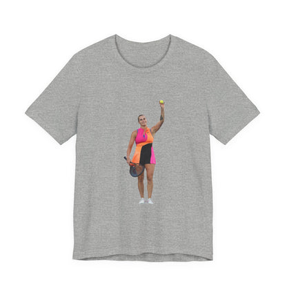 Tennis Player Aryna Sabalenka Graphic Tee — Woman Serving with Racket and ball