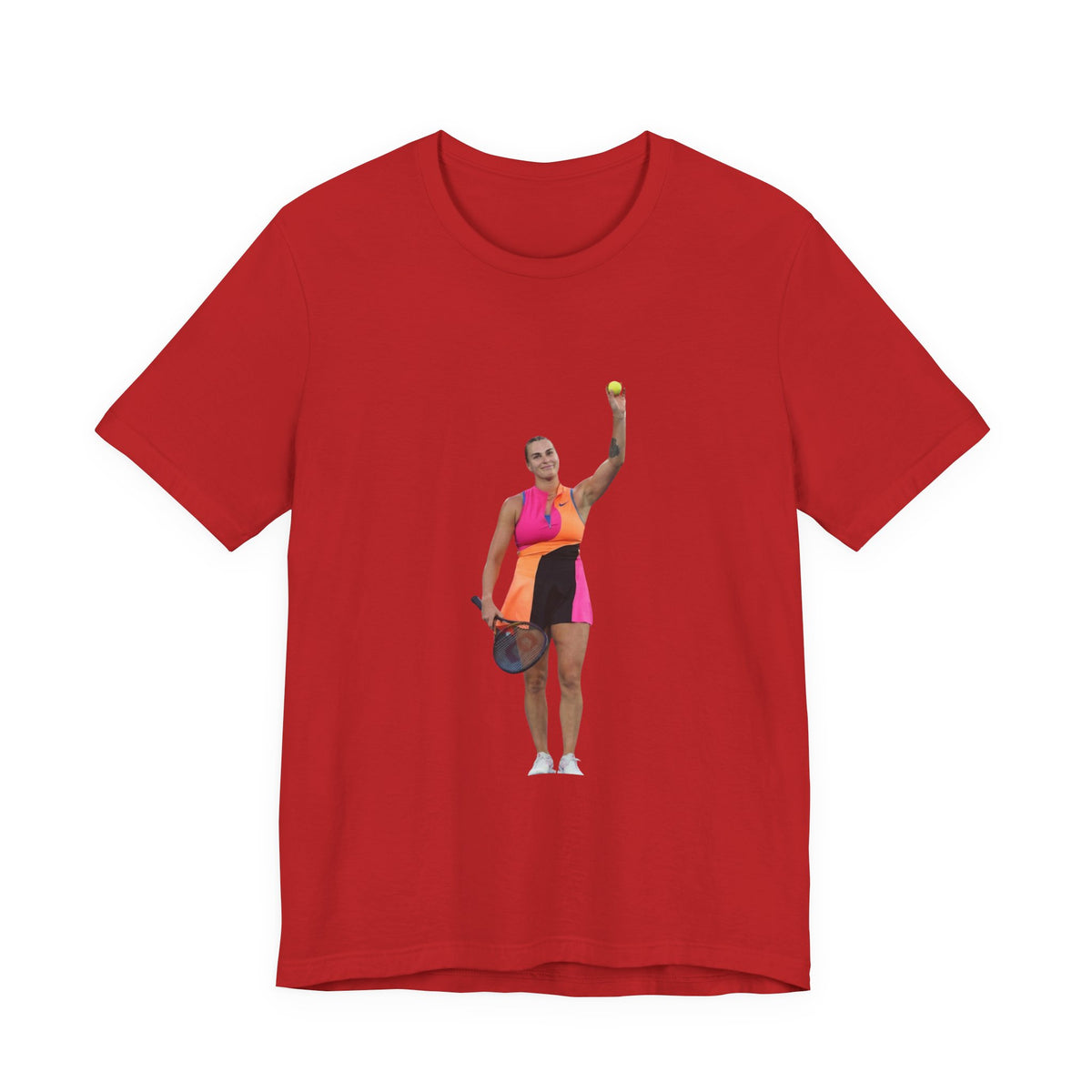 Tennis Player Aryna Sabalenka Graphic Tee — Woman Serving with Racket and ball