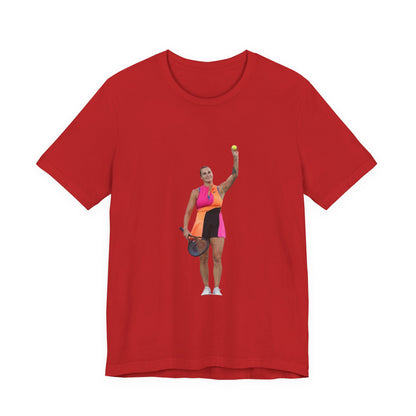 Tennis Player Aryna Sabalenka Graphic Tee — Woman Serving with Racket and ball