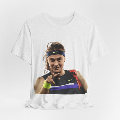 Tennis Player Sabalenka Graphic Tee — Pointing Victory Photo T‑Shirt