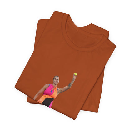 Tennis Player Aryna Sabalenka Graphic Tee — Woman Serving with Racket and ball