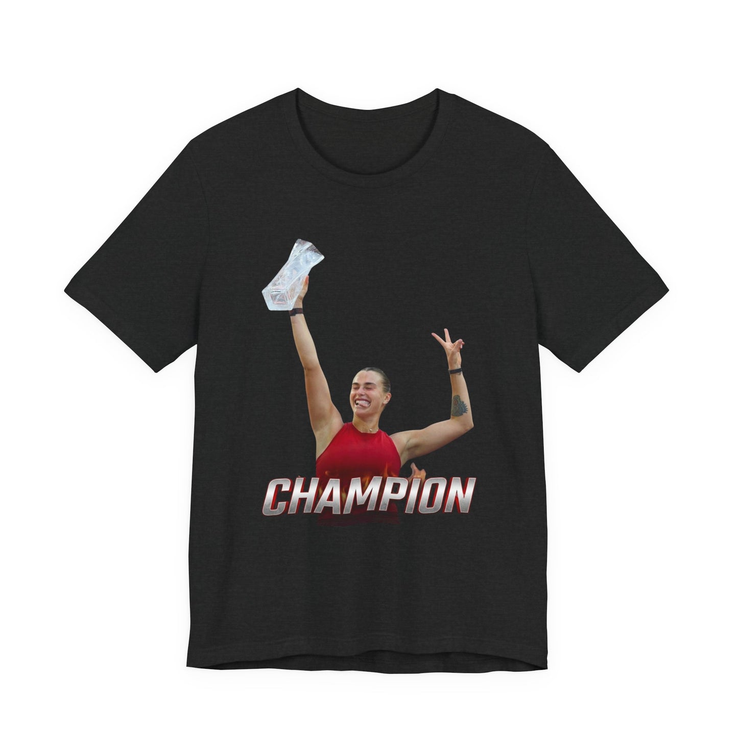Aryna Sabalenka Champion Victory T-Shirt — Athlete Holding Trophy Tee