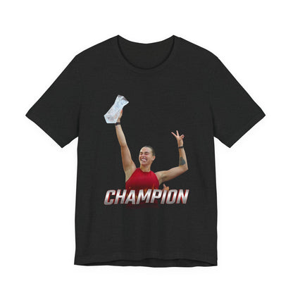 Aryna Sabalenka Champion Victory T-Shirt — Athlete Holding Trophy Tee