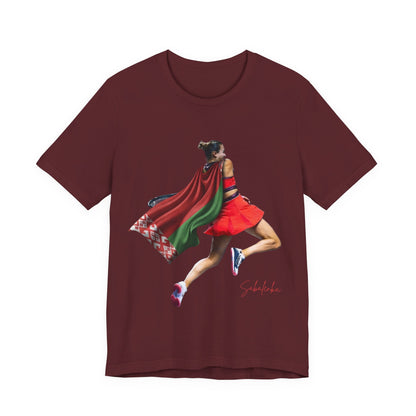 Runner Superhero Sabalenka T‑Shirt — Empowering Female Athlete Tee with Cape Graphic