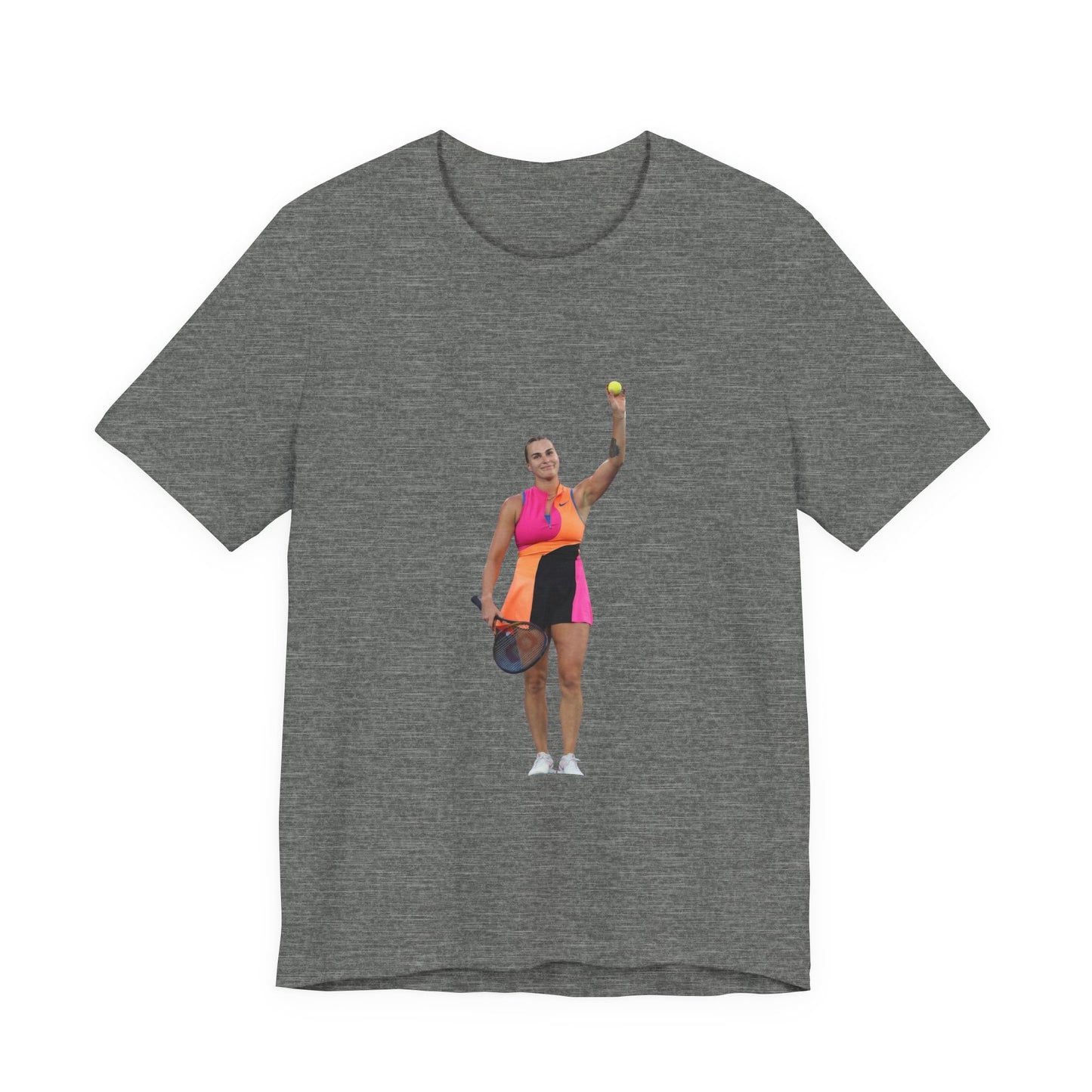 Tennis Player Aryna Sabalenka Graphic Tee — Woman Serving with Racket and ball
