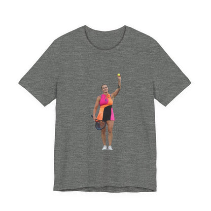Tennis Player Aryna Sabalenka Graphic Tee — Woman Serving with Racket and ball
