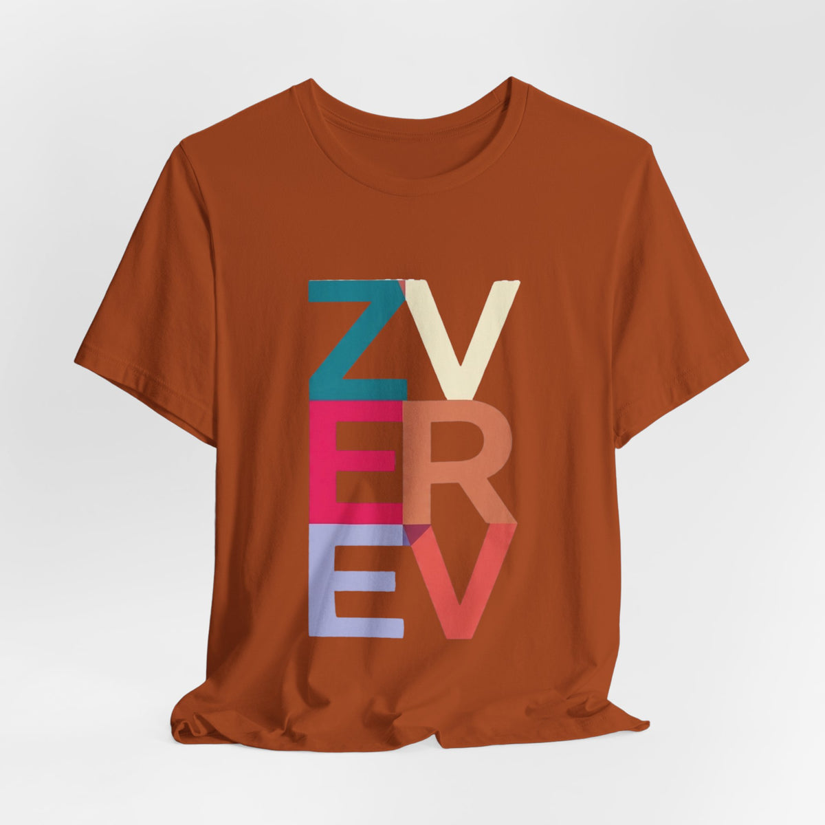 Retro Colorblock 'ZVEREV' Graphic Tee — Modern Minimalist Lettering Shirt