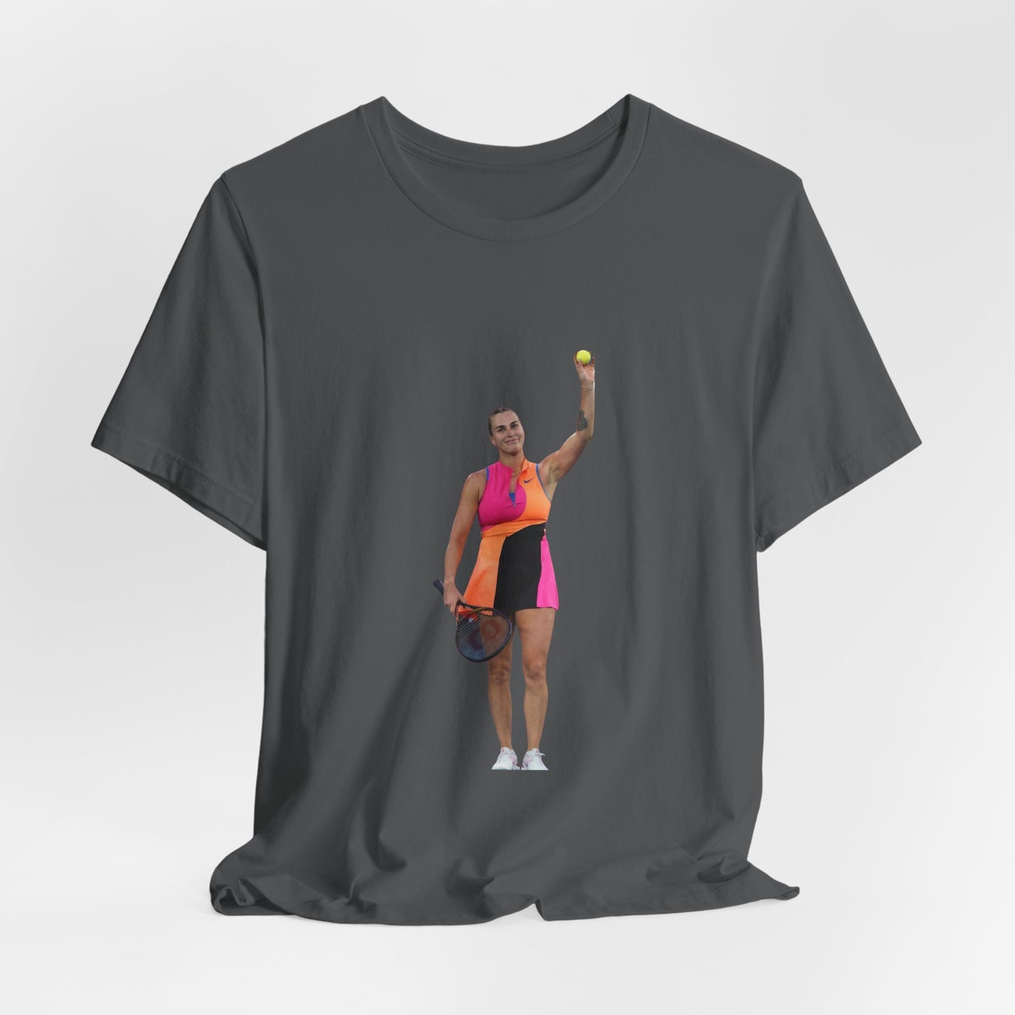 Tennis Player Aryna Sabalenka Graphic Tee — Woman Serving with Racket and ball
