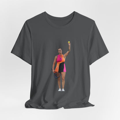 Tennis Player Aryna Sabalenka Graphic Tee — Woman Serving with Racket and ball