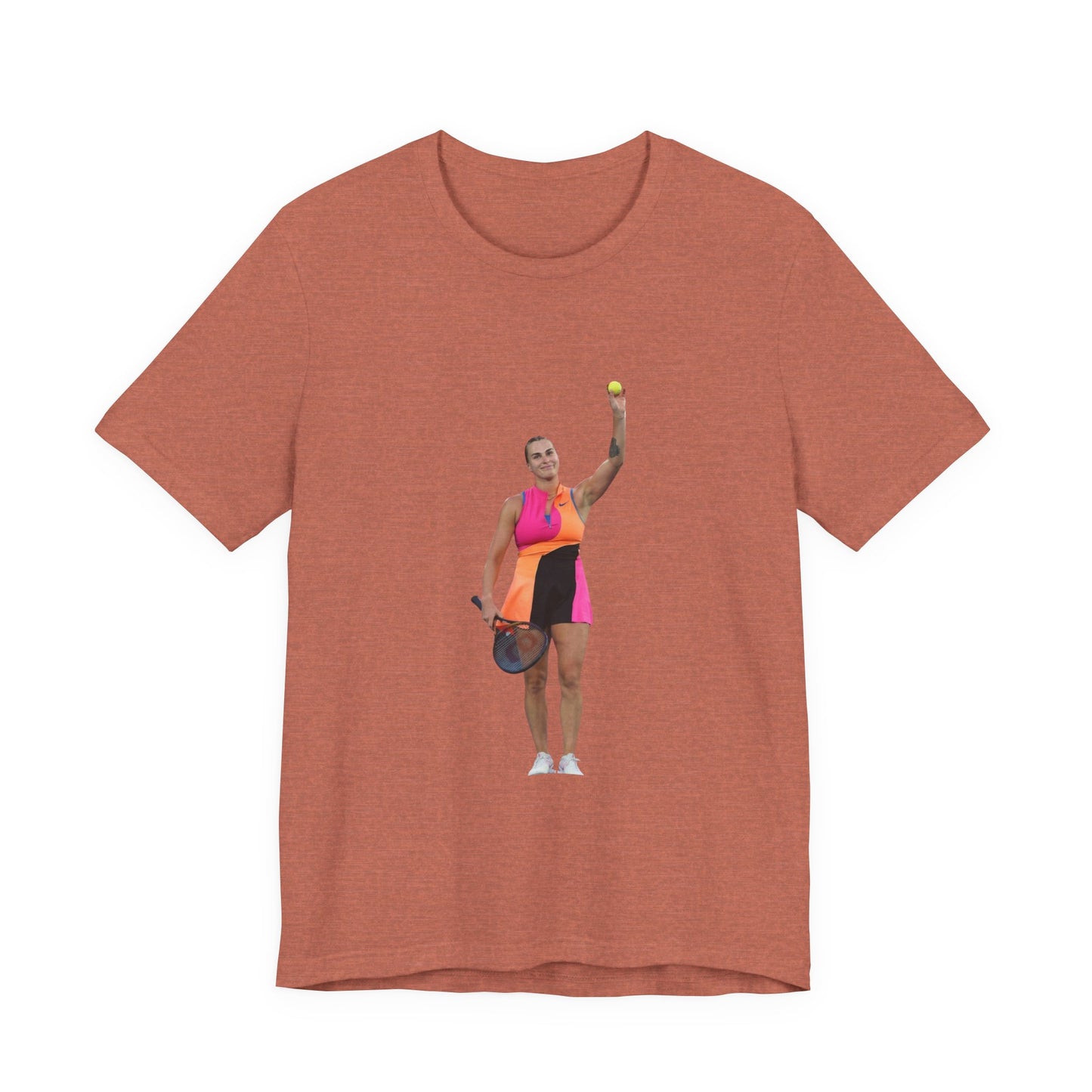 Tennis Player Aryna Sabalenka Graphic Tee — Woman Serving with Racket and ball