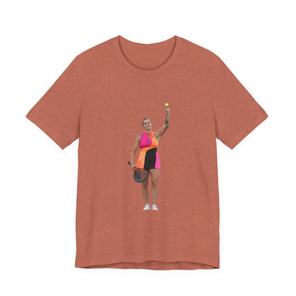 Tennis Player Aryna Sabalenka Graphic Tee — Woman Serving with Racket and ball