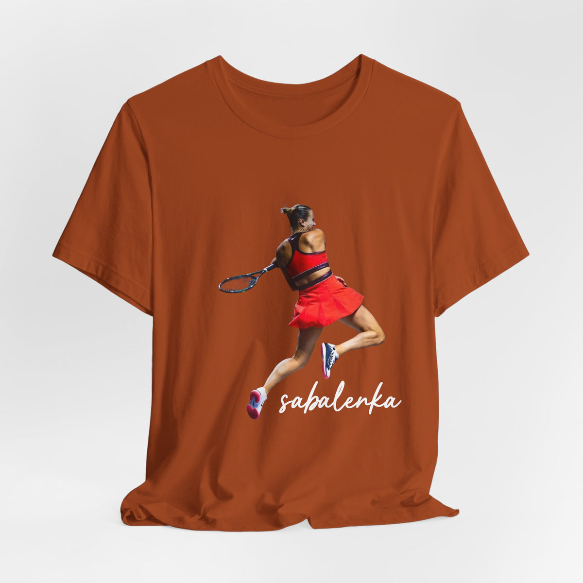 Tennis Player Sabalenka Graphic Tee — Women’s Red Dress Tennis Apparel