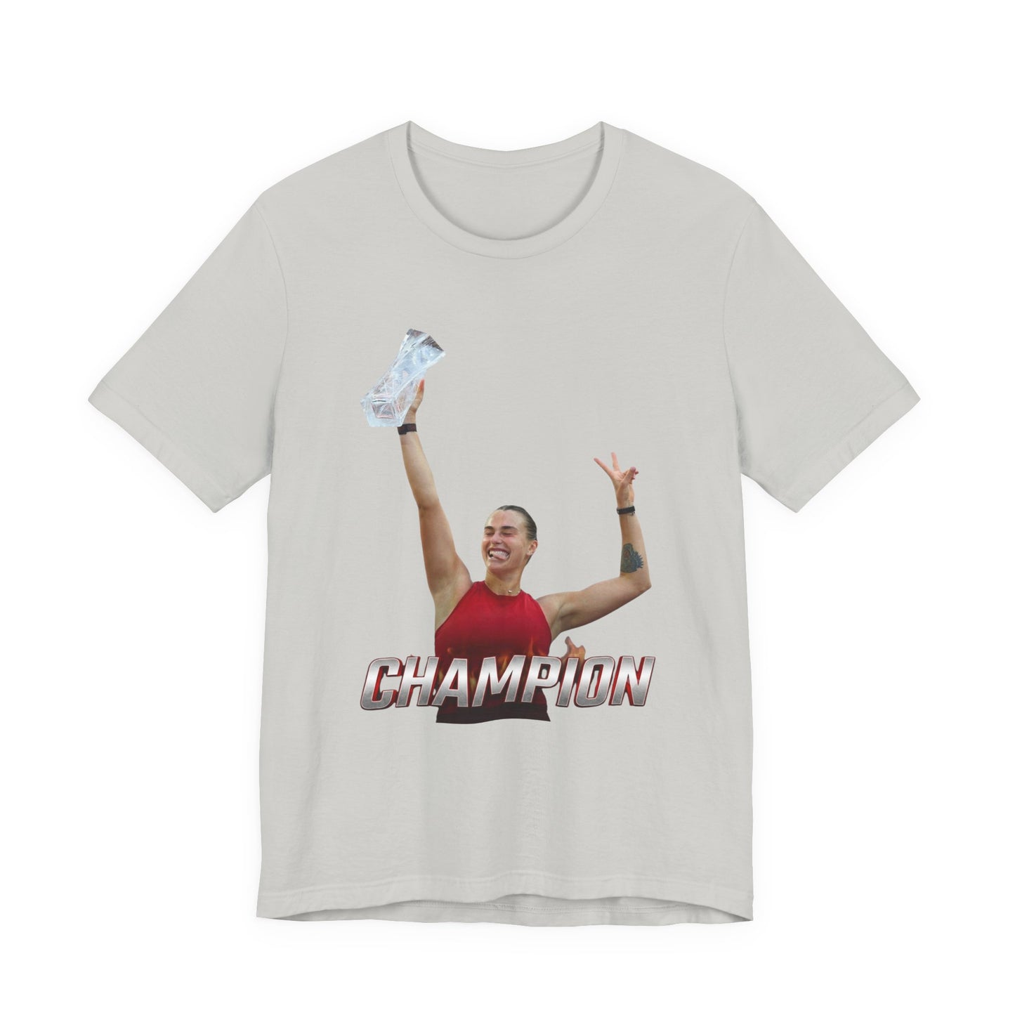 Aryna Sabalenka Champion Victory T-Shirt — Athlete Holding Trophy Tee