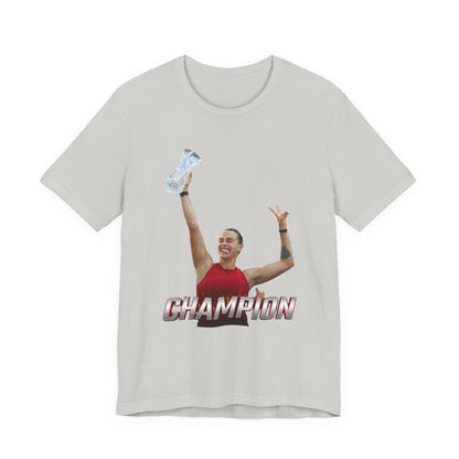 Aryna Sabalenka Champion Victory T-Shirt — Athlete Holding Trophy Tee