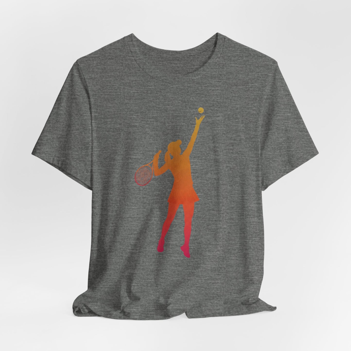 Tennis Serve Silhouette Tee — Gradient Female Tennis Player Graphic T‑Shirt
