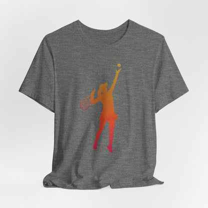 Tennis Serve Silhouette Tee — Gradient Female Tennis Player Graphic T‑Shirt