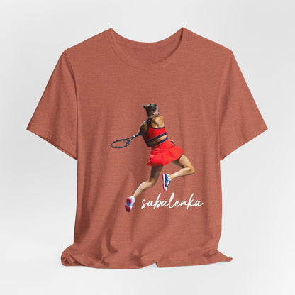 Tennis Player Sabalenka Graphic Tee — Women’s Red Dress Tennis Apparel