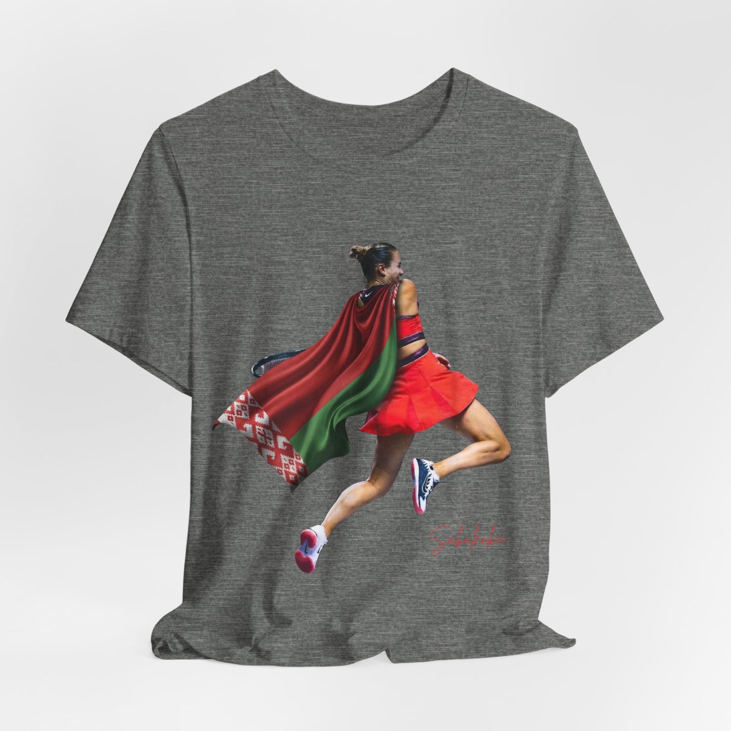Runner Superhero Sabalenka T‑Shirt — Empowering Female Athlete Tee with Cape Graphic