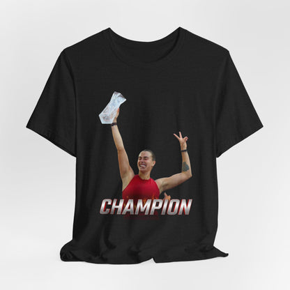 Aryna Sabalenka Champion Victory T-Shirt — Athlete Holding Trophy Tee