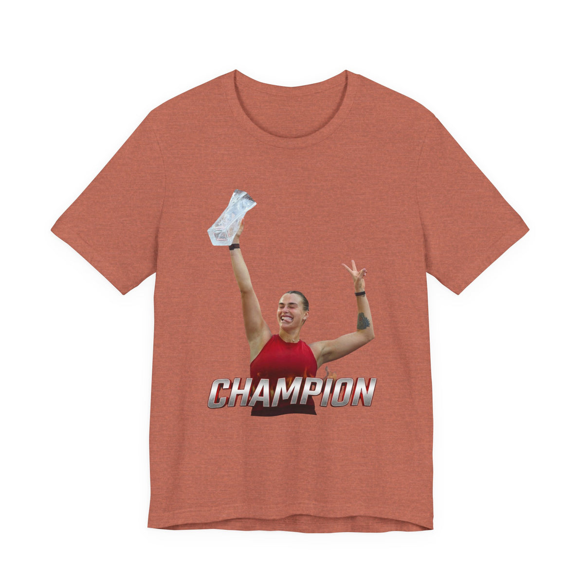 Aryna Sabalenka Champion Victory T-Shirt — Athlete Holding Trophy Tee